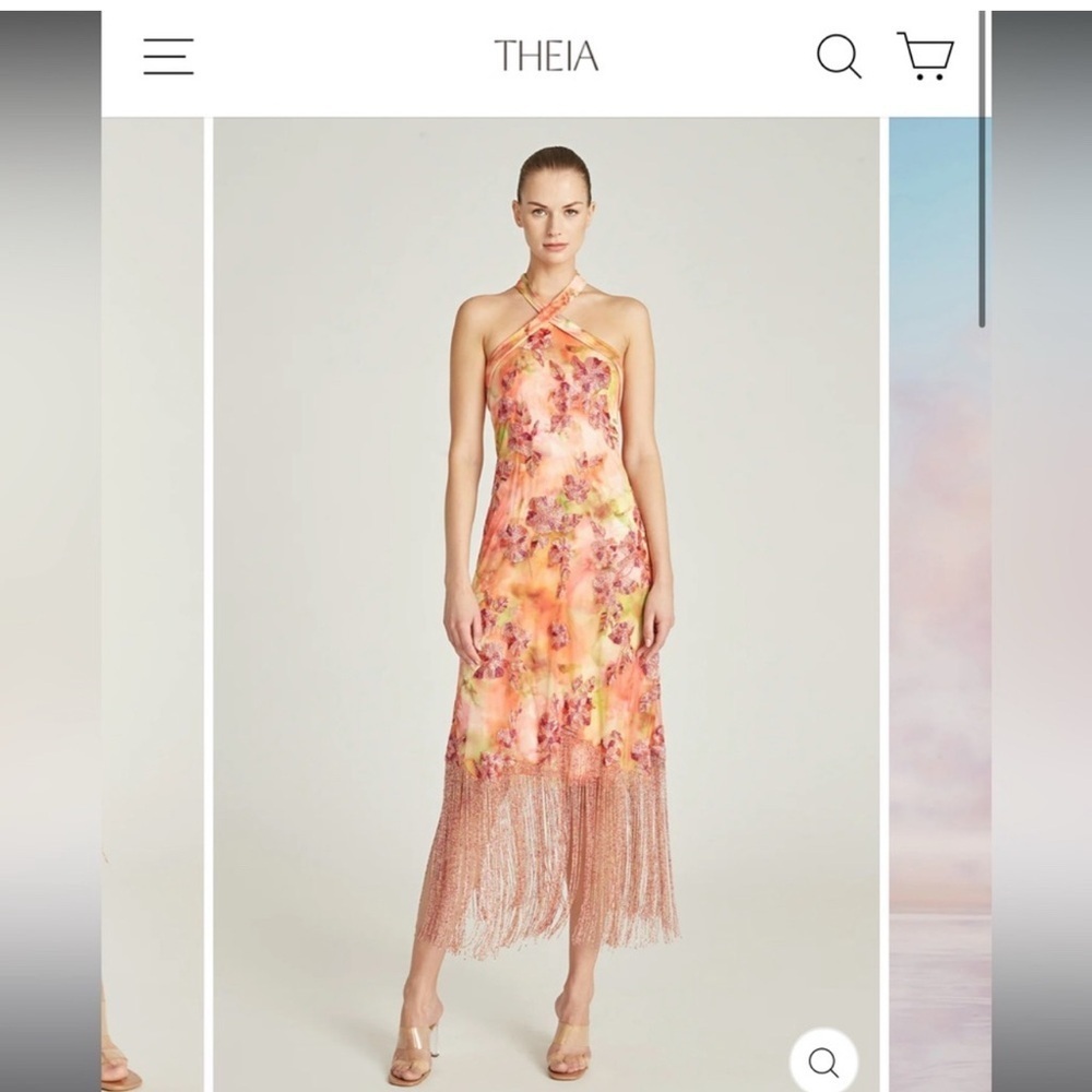 THEIA NWT Brigitte Floral Beaded Fringe Midi Dress - Picture 2 of 15